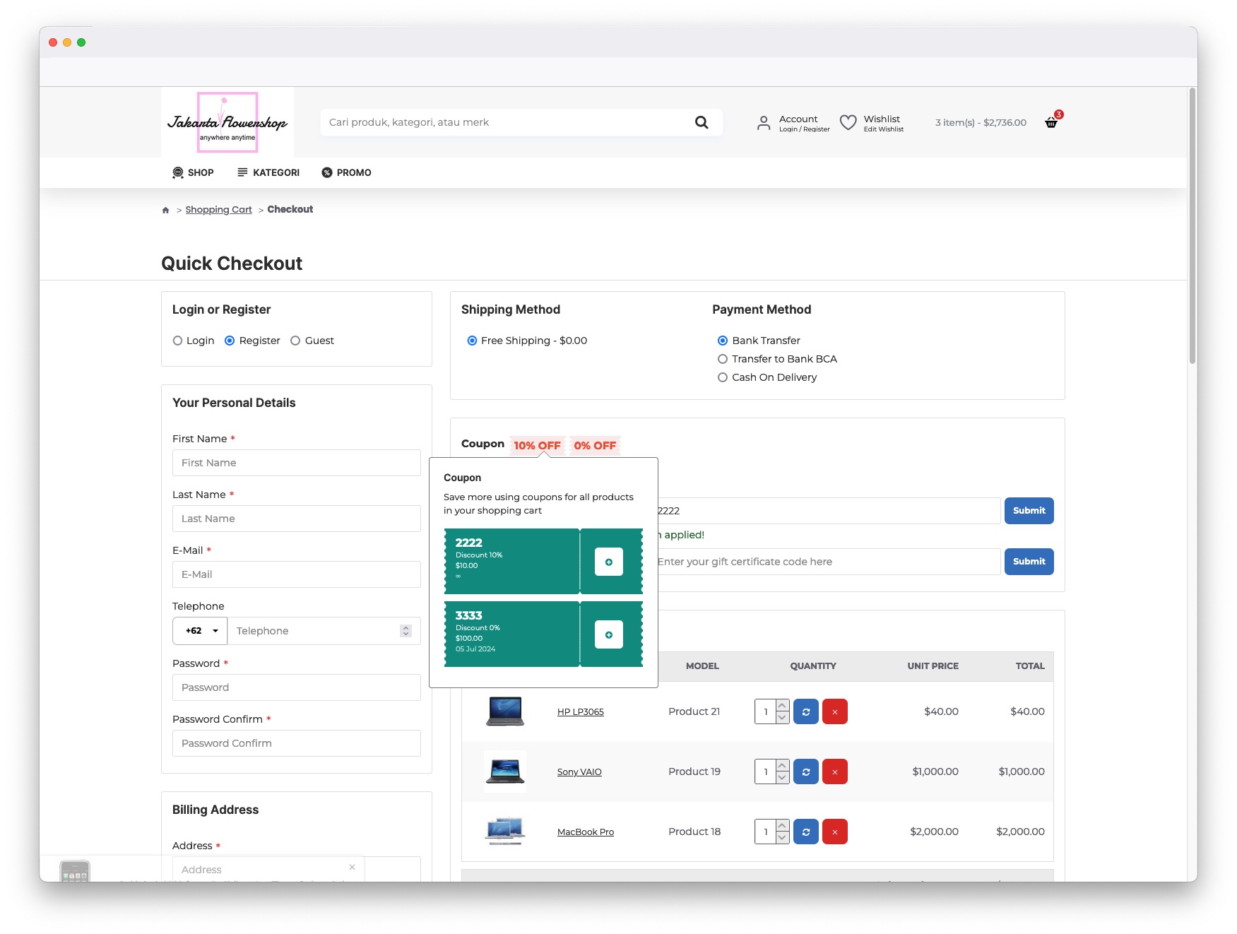 apply coupon on journal quick checkout opencart